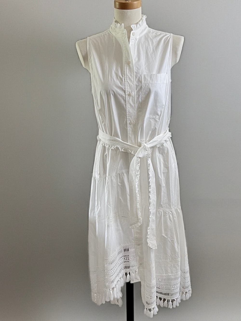 NWOT Derek Lam Lo Crosby White Sleeveless Tie-Waist Midi Dress Fringe Sz 8